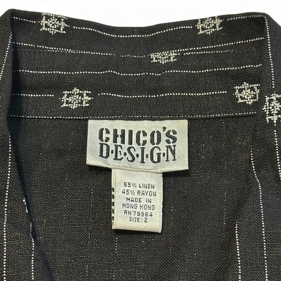 Vintage 90s Chico’s Design Linen Blend Jacket Sz L / 2 Black White Boho Full Zip - Picture 6 of 11